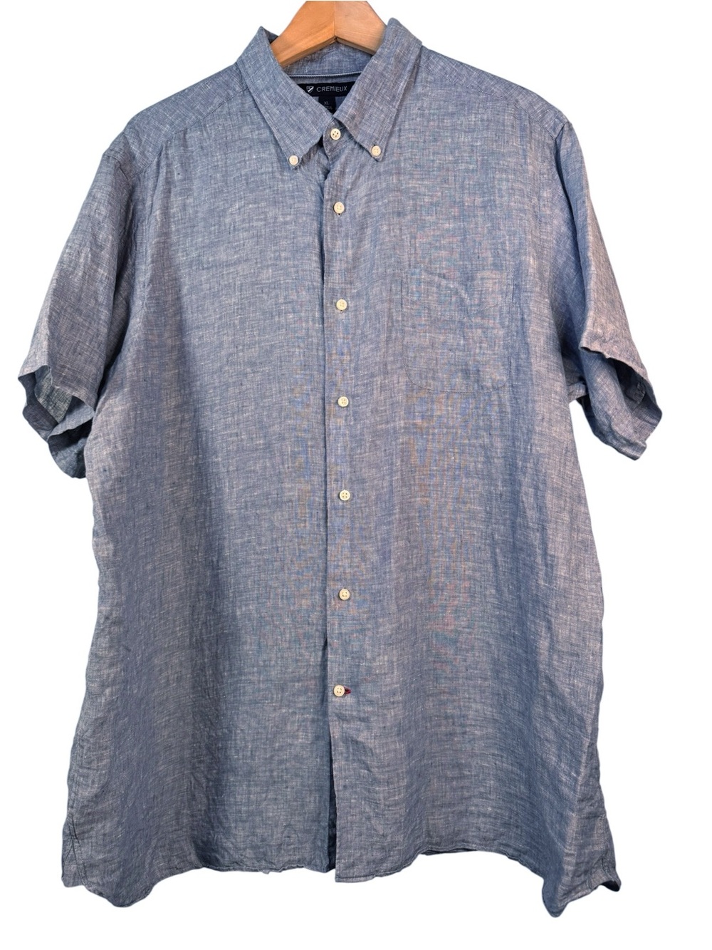 Cremieux Mens XL 100% Linen Short Sleeve Button Down Shirt Chambray Blue Pocket